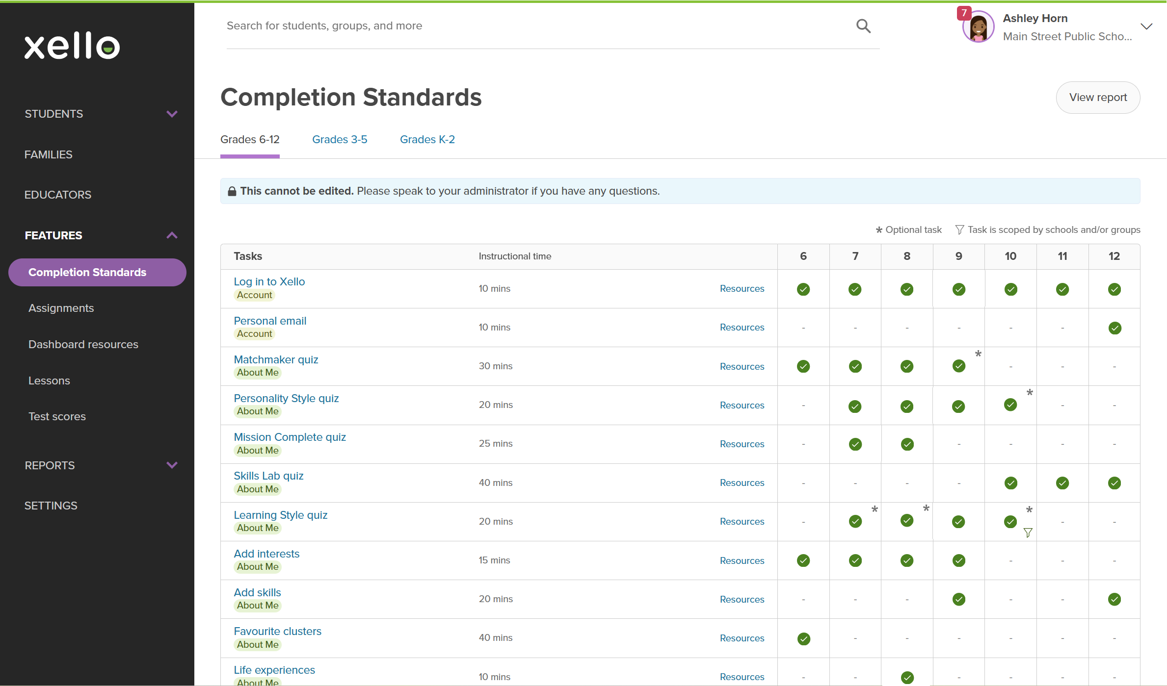 Educator account in Xello open to Completion Standards. A banner states the page cannot be edited. There are several tasks with checkmarks indicating they have been assigned to that grade